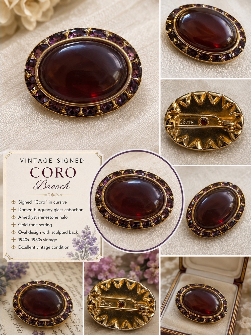 Vintage Coro Gold-Tone Oval Brooch with Burgundy Cabochon and Purple Halo